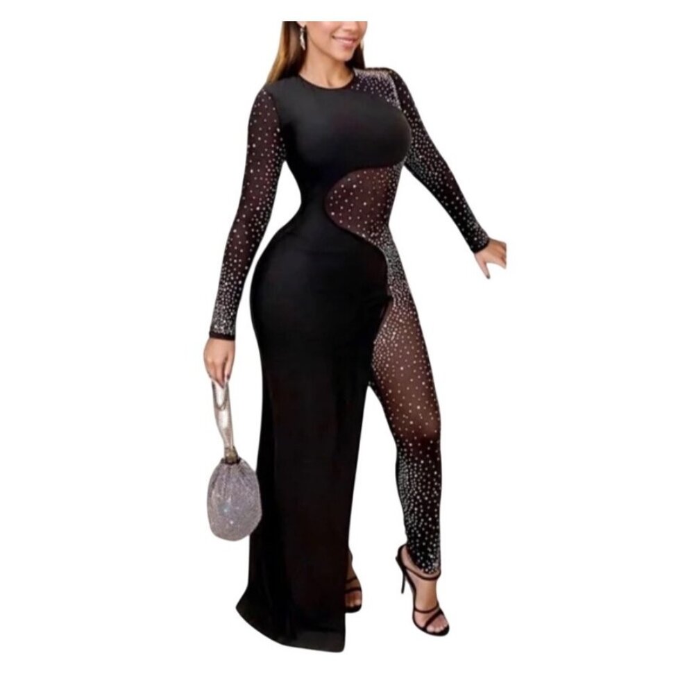 Banjul Black Long-Sleeve Rhinestone Embellished Evening Gown With Draped Design - Picture 2 of 6